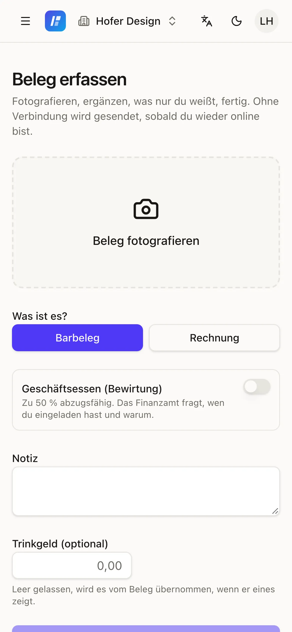 Die Handy-App: Beleg fotografieren, Bewirtung und Trinkgeld gleich dazu